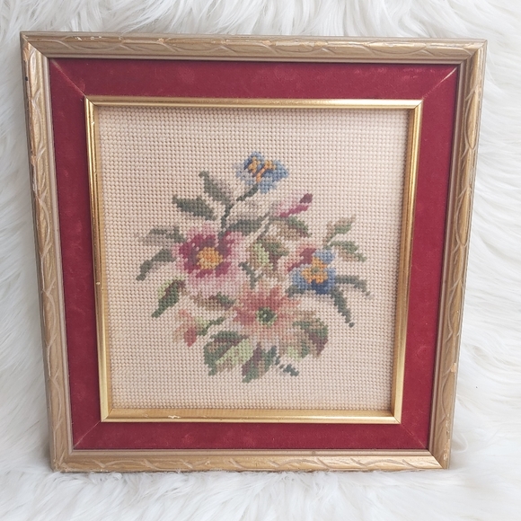 Antique Cross Stitch Needlepoint Floral Framed Art